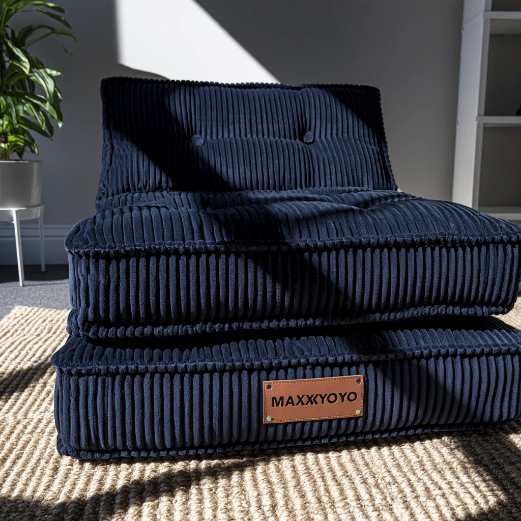 Inklapbare vloerfauteuil met ribfluwelen bekleding, kleur marineblauw